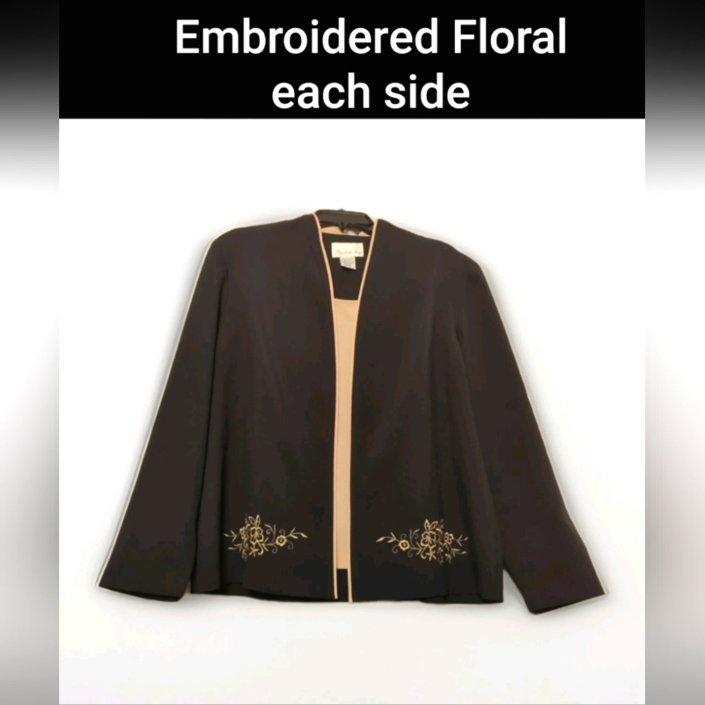 Pride & Joy Womens Black Tan Knit Trim Open Front Blazer+Embroider Front Sz 20W